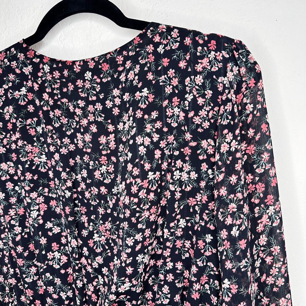 Skies Are Blue Black Floral Long Puff Sleeve Low Cut Button Front Midi Dress Lg - Picture 10 of 13